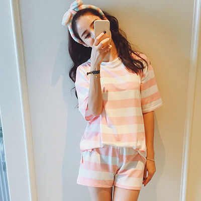 

Casual Sleepwear Woman Short Sleeve Pajama Set Round Neck Striped Print Top Shorts Pajama Set