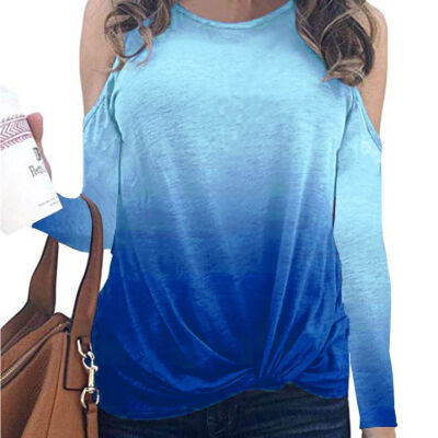 

Women Autumn Fashion Casual All-match Loose Gradient Print Knit Decoration Long Sleeve Off-shoulder Slim T-shirt Top