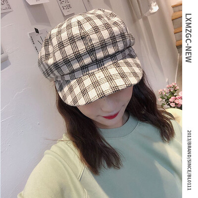 

South Korean ladys new hat plaid 100 berets autumn&winter new duck tongue cap retro British fine-striped octagonal hat
