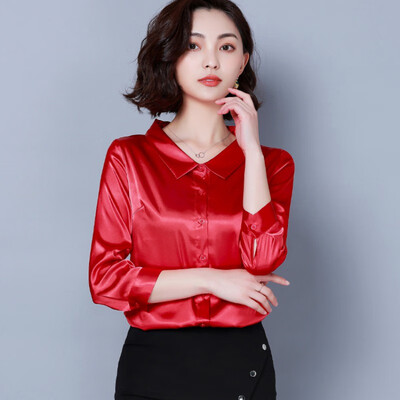

Women Lapel Silk Temperament Blouse Solid Color Loose Autumn Vintage Cropped Sleeve Casual Bottoming Womens Tops And Blouses New