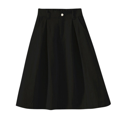 

New Japan Style Pocket buttons Washed Cotton Pleated Skirt Women ladies elastic Waist chic casual Knee-Length Female skirt