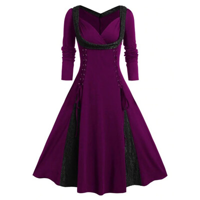 

Tailored Womne Plus Size Long Sleeve Lace Panel A Line Sweetheart Neck Vintage Dress