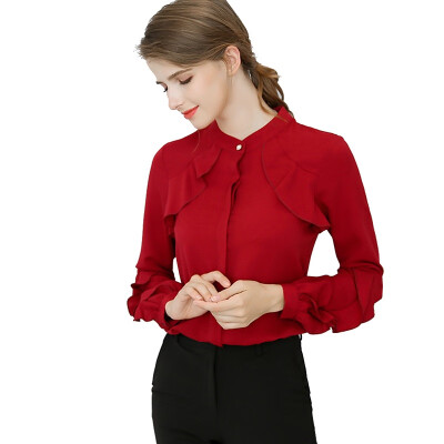 

White Shirt Office Ladies Fashion Butterfly Long Sleeve Slim Work Blouses Stand Collar Causal Chiffon Top Female Shirt