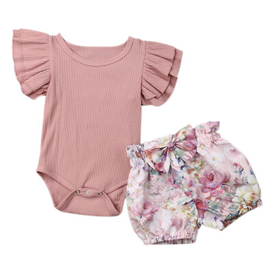 

Newborn Baby Girl Clothes Set Ruffled Sleeve Solid Color Tee Jumpsuit Floral Print Bowtie Short Set unicorn romper clothes set