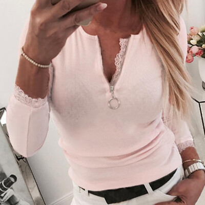 

Fashion Women Long Sleeves T-shirt Scalloped Lace Zip Up O Neck Ribbed Slim Solid Tees Casual Tops