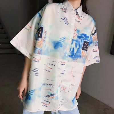 

2XL Large Size Turn-down Collar Fashion Trend Hip Hop Style Womens Blouse Loose Casual Novel Print Mid-sleeve Shirt