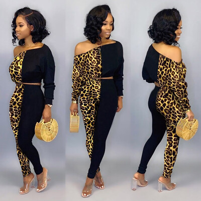 

Toponeto Women Sexy Long Sleeve Leopard Patchwork Blouse TopsLong Pants Suit Sets