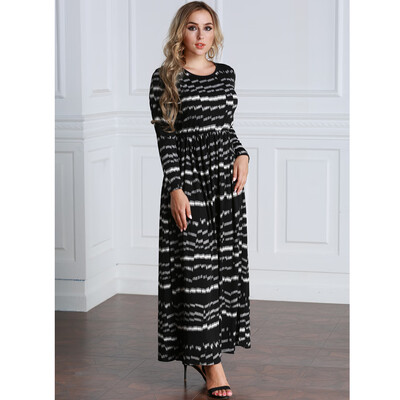

Sexy Women Plus Size Printed Dress Big Size Round Neck Ankle-Length Long Maxi Dress Black