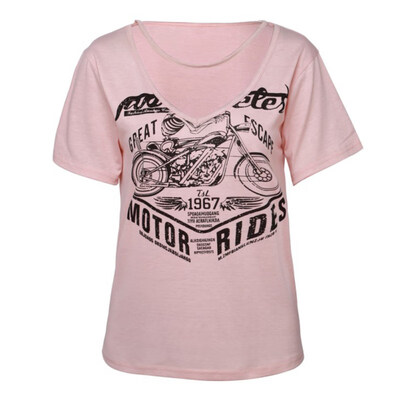

Women Solid Color Letter Bicycle Print Short Sleeve Choker V Neck Blouse T-Shirt