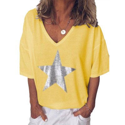 

Plus Size Summer Women Star V Neck Short Sleeve T-Shirt Solid Color Loose Top