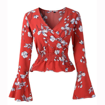 

Casual Long Sleeve Women Blouse&Tops Floral Print Shirts New Autumn Women Shirt Flare Sleeve V-Neck Tops For Women