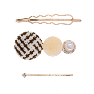 

Fashion Temperament Pearl Decoration Hairpins Plaid Pattern Three-piece Women Hair Clips