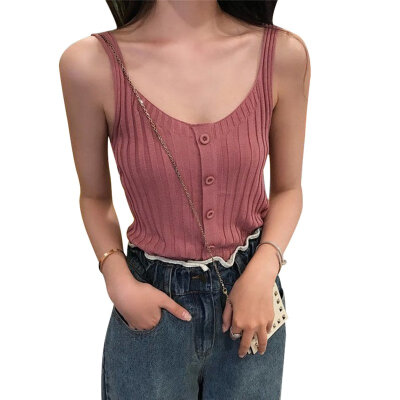 

2019 Womens Buttons U Neck Sleeveless Solid Knitted Tank Top