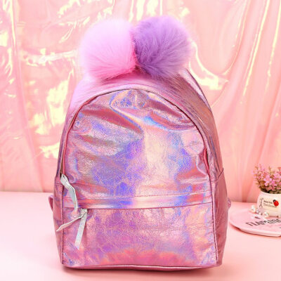 

Fashion Women Girl Holographic Laser Backpack Student Girl Pu Leather Backpack With Big Plush Ball Schoolbag Tote Bag