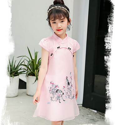 

Children Girls Short-sleeved Dress Chinese Style Vintage Cheongsam One-piece Qipao Cute Embroidery Print Dress Baby Clothes