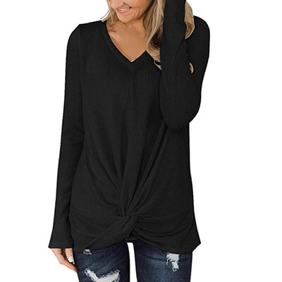 

Fashion Women Sweatshirt Loose T-shirt Waffle V Neck Long Sleeves Twisted Front Solid Spring Autumn Casual Tees Casual Tops