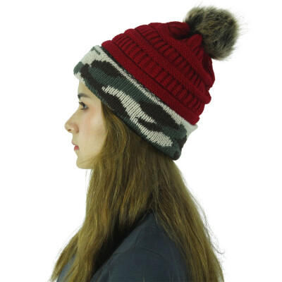 

Tailored Women Camouflage Stitching Outdoor Plush Ball Hats Crochet Knit Beanie Cap