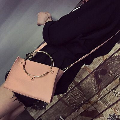 

Women Metal Ring Handbag PU Leather Shoulder Tote Bag Ladies Messenger Crossbody Bag BlackGreyPink