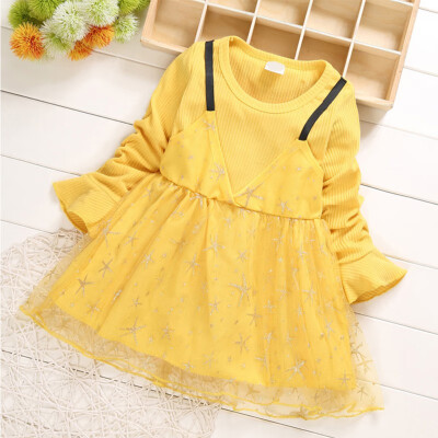 

Baby Girl Princess Dress Fake 2 Piece Toddler Cartoon Star Pattern Long Sleeve Cotton Mesh Dresses Spring