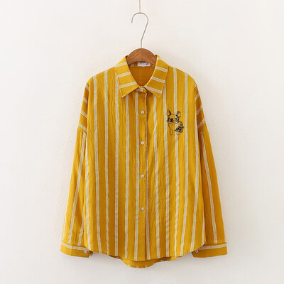 

Ladies Elegant Shirt Harajuku Style Puppy Embroidered Cotton Blouse Casual Women Stripe Long Sleeve Tops&Blouses