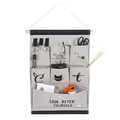 

Six Pockets Multi-function Linen Fabric Wall Door Hanging Storage Case Organizer Pockets Bag With Kitten Patterns