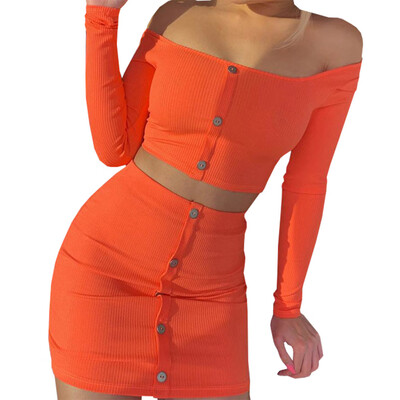 

Women Shoulder Crop Top Skirt Slim Long Sleeve Tops Skirt