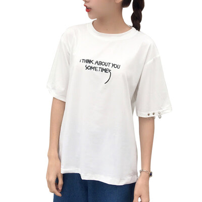 

Think About You Letter Embroidery Casual Women Short Sleeve T-Shirt Summer Top