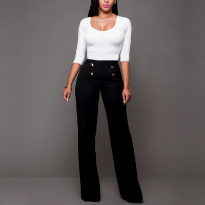 

Women Casual Stretch Trousers Female Solid Elastic Work High Waist Decorative Buttons Loose Slim Straight Pants Women 5 Colors