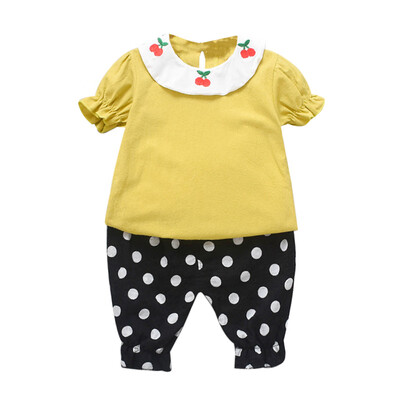 

Summer Baby Girl Clothes Embroidery Cherry Print Short Sleeve T-shirt Blouse Dot Pants Casual Clothes