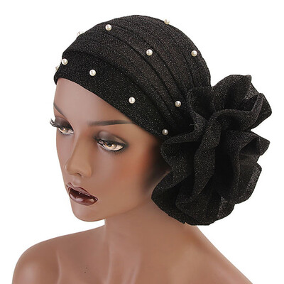 

Women Flower Muslim Hat Head Scarf Shiny Pearl Turban Cap