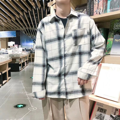 

Summer Mens Korean Version of The Loose Long Section of the Lattice Students Harajuku BF Wind Long Sleeves Outside Wearing shir