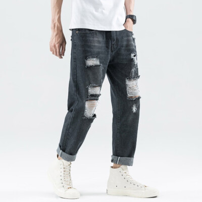 

Gobestart Mens Loose Denim Cotton Straight Hole Trouser Distressed Jeans Long Pants