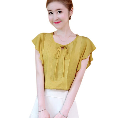 

Chiffon Blouse Bow Butterfly Sleeve Women Shirt Lady Summer Short Sleeve Blouse O Neck Shirt Fit Casual Top Yellow White Pink