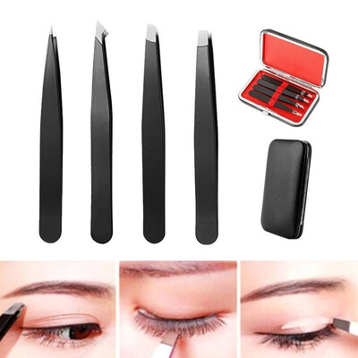 

4pcs Stainless Steel Professional Slant Tip Tweezer Precision Eyebrow Tweezers Tools Set
