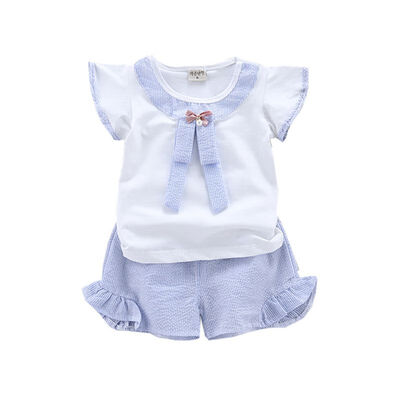 

Summer Baby Girls Clothes Casual Flare Sleeve T-shirt Tops With Bowknot DesignStriped Shorts Suits Costume Set
