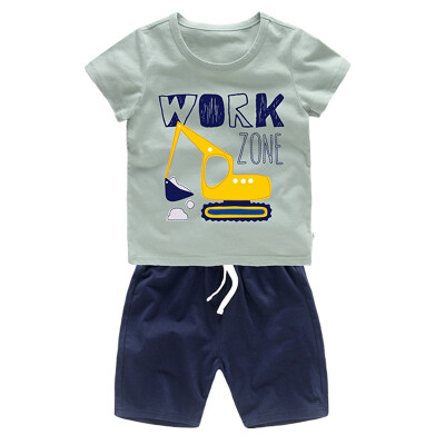 

Summer Kids Boys Cotton Short Sleeve Cartoon Excavator Pattern Tops T-shirtsShorts Casual Outfits Sets