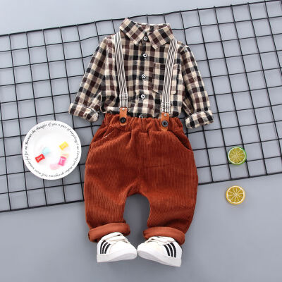 

Baby Boy Clothes Set Long Sleeve Plaid Pattern Soft Cotton Shirt TopsLong Strap Pant Trousers Toddler Outfits