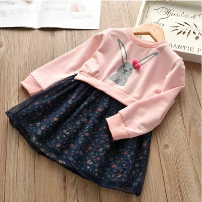 

Autumn Casual Baby Girls Dresses Rabbit Pattern Long Sleeve Floral Dress Patchwork Design Kids Toddler Pageant Sundress