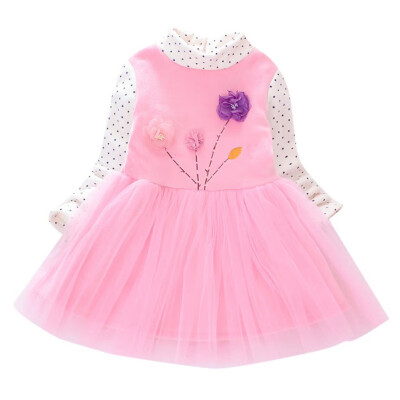 

Autumn Kids Dresses For Girls 1Y-7Y Cute Mesh Stitching Flower Embroidery Princess Long-Sleeved Sweet Dress 4Colors Prom Dress