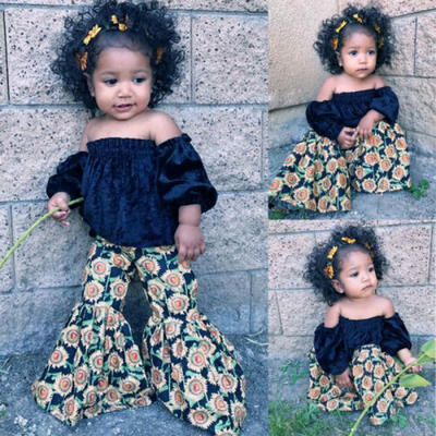 

US Stock Boutique Kids Girl Off Shoulder Velvet Top Bell-Bottom Pants Outfit Set