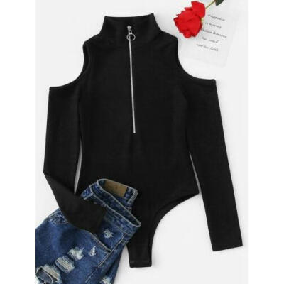 

Women Mock Neck Stretch Leotard Bodysuit Crotchless T-Shirt Top Blouse Romper