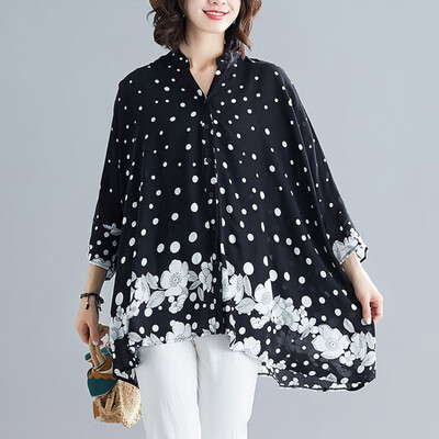 

Women Vintage Chiffon College Wind V-Neck Seven-point Sleeve Temperament Polka Dot Loose Versatile Blouse