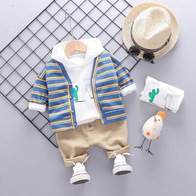 

New Autumn Fashion Casual Cactus Print Striped Boy Set Hoodie Pants Cardigan 3pcs Toddler Childrens Set 0-3T Baby Boy Clothes