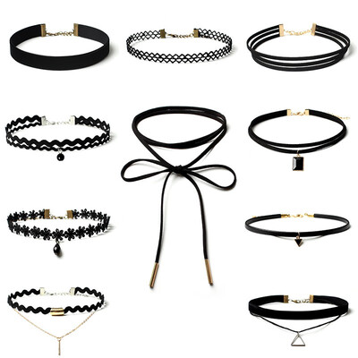 

10 Pcsset Gothic Style Choker Sexy Solid Color Black Velvet Lace Geometric Pendant Choker Necklace Set collares de moda 2019