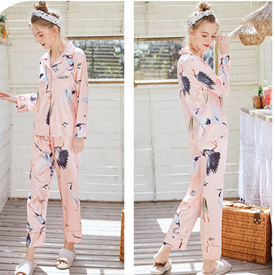 

Tailored Fashion Women Sleepwear Long Sleeve Printed Nightwear Satin Top Pants Sets
