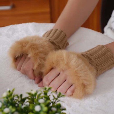 

Women Gloves With Faux Fur Winter Knitting Gloves Wrist Crochet Knitted Fingerless Gloves Mittens Autumn Warmer Gloves