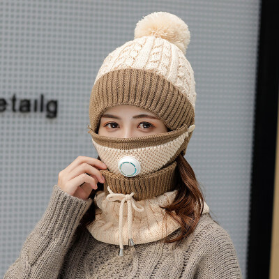 

Autumn&Winter New Womens Hat Fur Ball Head Cap Neck&Mask Three-piece Suit Warm&Cold-proof Woman Knitted Cap