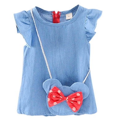 

New Baby Girl Dress Summer Solid Denim Princess Party Cute Cotton Baby Girls Clothing Kids Lolita Bow-knot Dresses For 1-4t