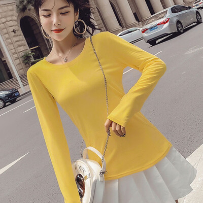 

Fashion Solid Colors Korean Style Women T-shirts O Neck Cotton Blend Tshirt Long Sleeve Sweet Loose T Shirt harajuku