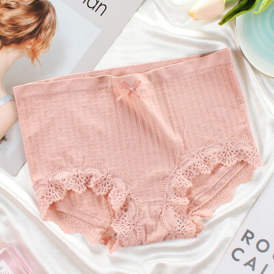 

Women Mid Waist Knitting Thread Panties Breathable Cotton Crotch Briefs Free Size Lace Female Underwear Seamless Comfort Panty